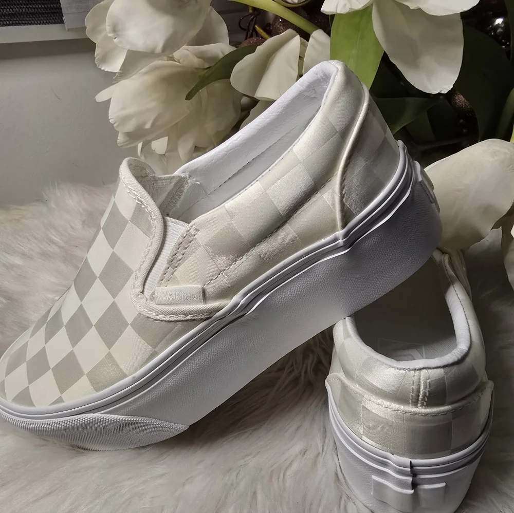 Vans Classic Slip-On Stackform Satin Checkerboard White New